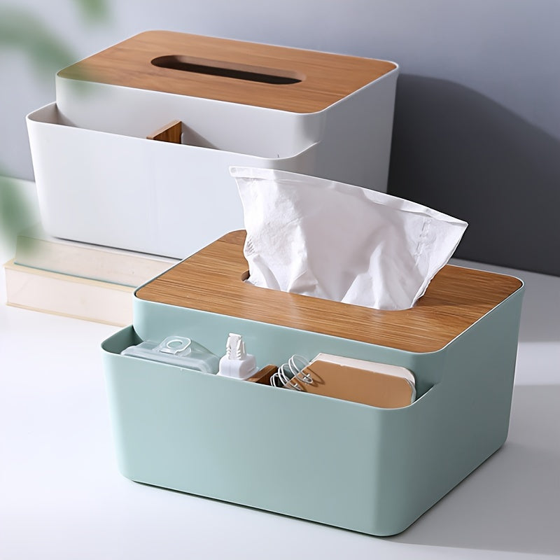 Minimalist Tissue Box with Wooden Lid Remote Control Storage