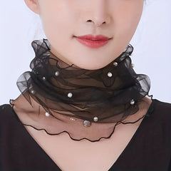 Faux Pearl Decor Ruffles Scarf Solid Warm Neck Gaiter Infinity Scarf
