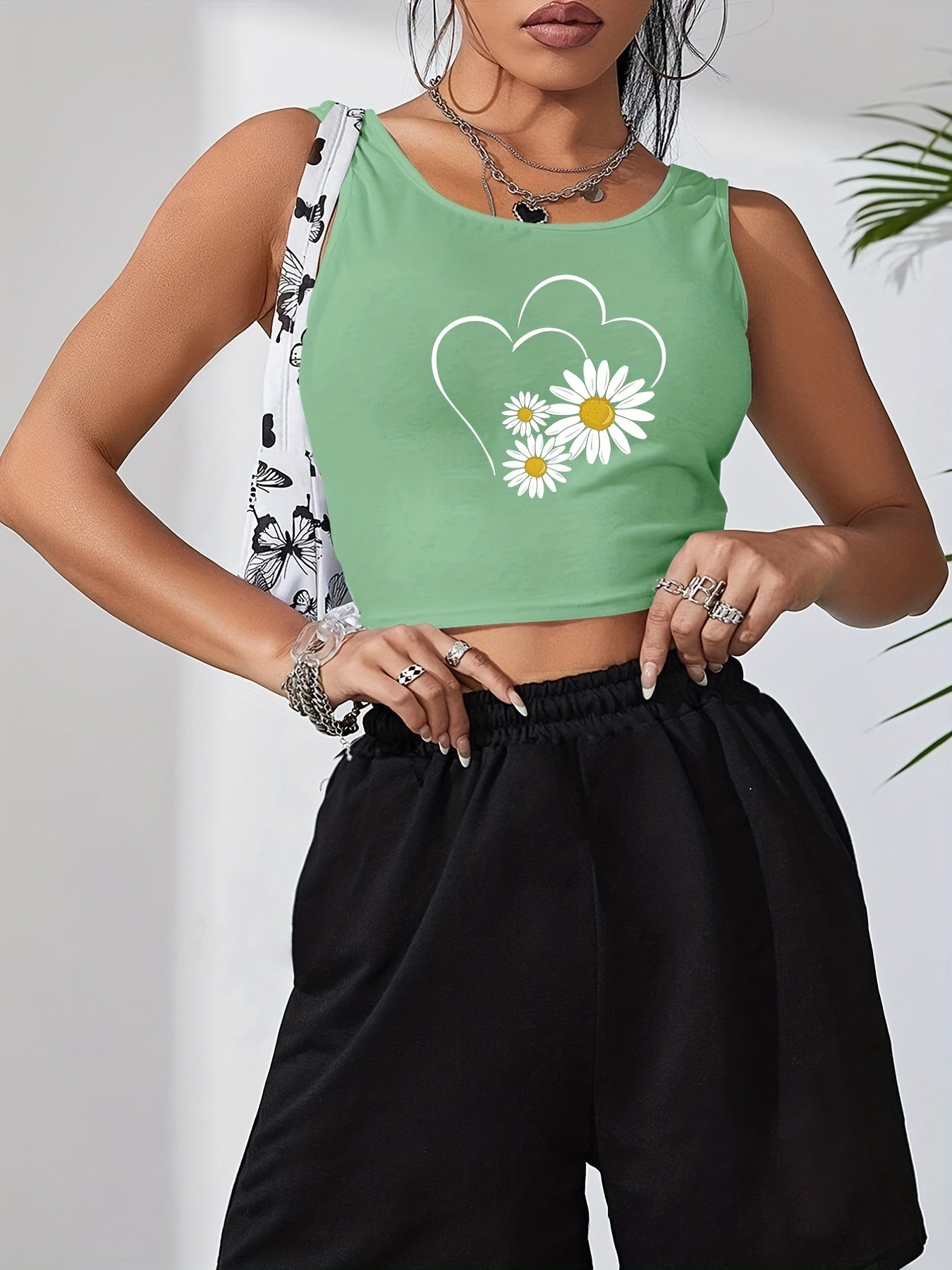 Daisy Print Crop Tank Top Sleeveless Summer Women's Clothing
