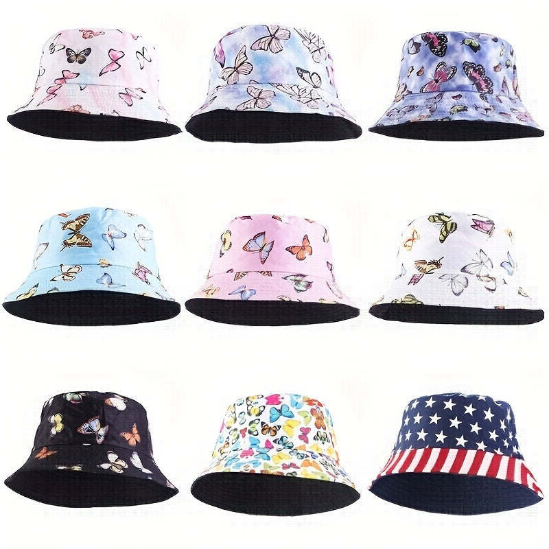 Butterfly Print Reversible Bucket Hat Hip Hop Flag Pattern Basin Hat