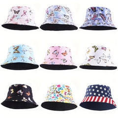 Butterfly Print Reversible Bucket Hat Hip Hop Flag Pattern Basin Hat