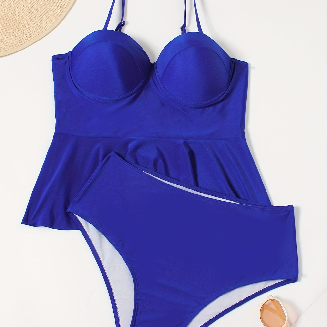 Retro Tankini Set Women's Plus Plain Sweetheart Neck Cami Top & Underw