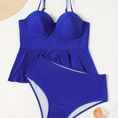 Retro Tankini Set Women's Plus Plain Sweetheart Neck Cami Top & Underw