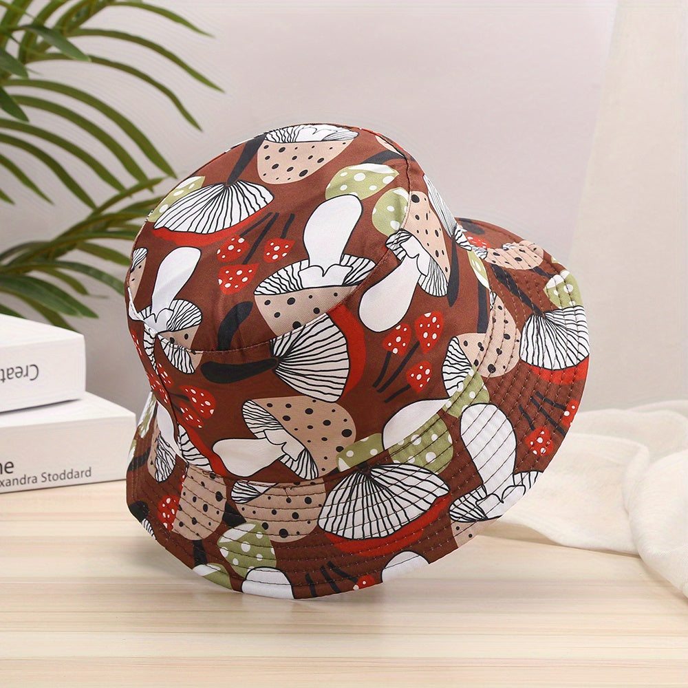 Cartoon Mushroom Print Bucket Hat Lightweight Reversible Fisherman Cap