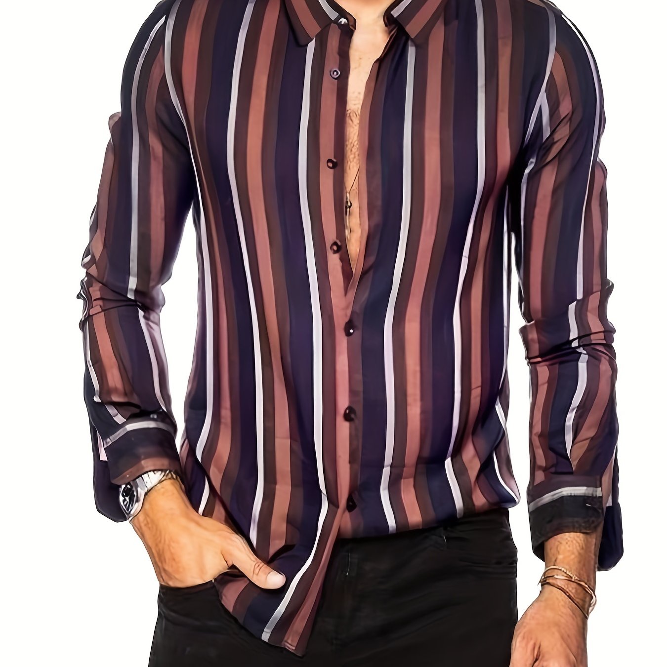 Men's Vertical Striped Casual Shirt Regular Fit Long Sleeves