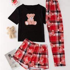 Bear Print Pajamas Set Short Sleeve Crew Neck Top & Shorts & Plaid Pants