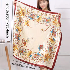 Boho Flower Print Satin Shawl Silk Square Scarf Bandana
