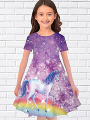 Girls Summer 3D Animal Long Dress Short Sleeve Princess Dress