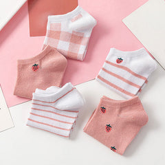 5 Pairs Pink Strawberry Pattern Ankle Socks