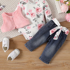 Infant Newborn Baby Girls Floral Romper Jeans Pants Fleece Vest Summer Outfit