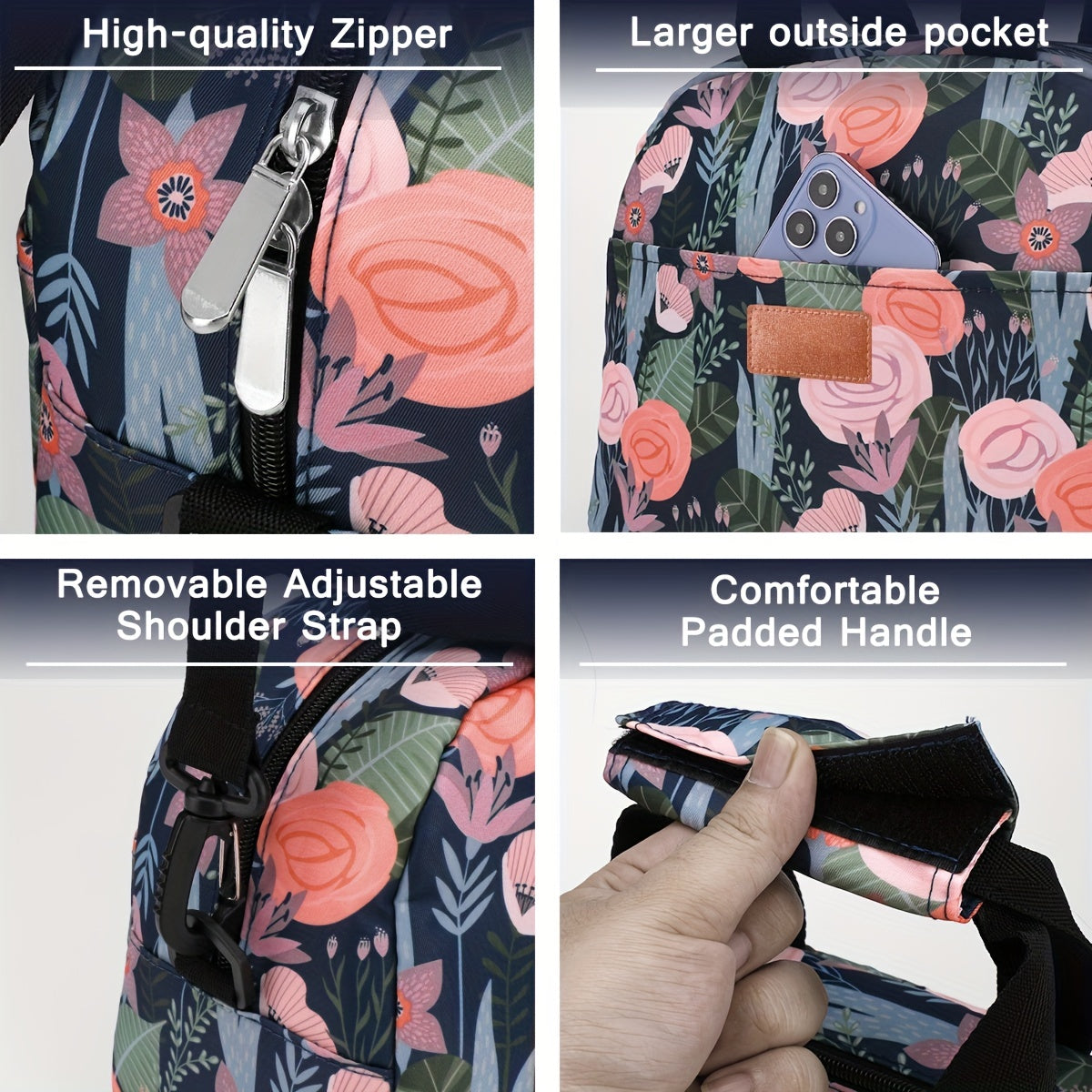 Insulated Lunch Bag with Pink Flower Strap
