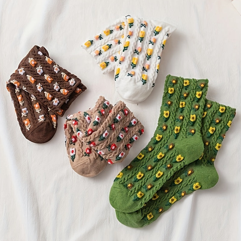 4 Pairs 3D Floral Textured Socks Women's Stockings & Hosiery