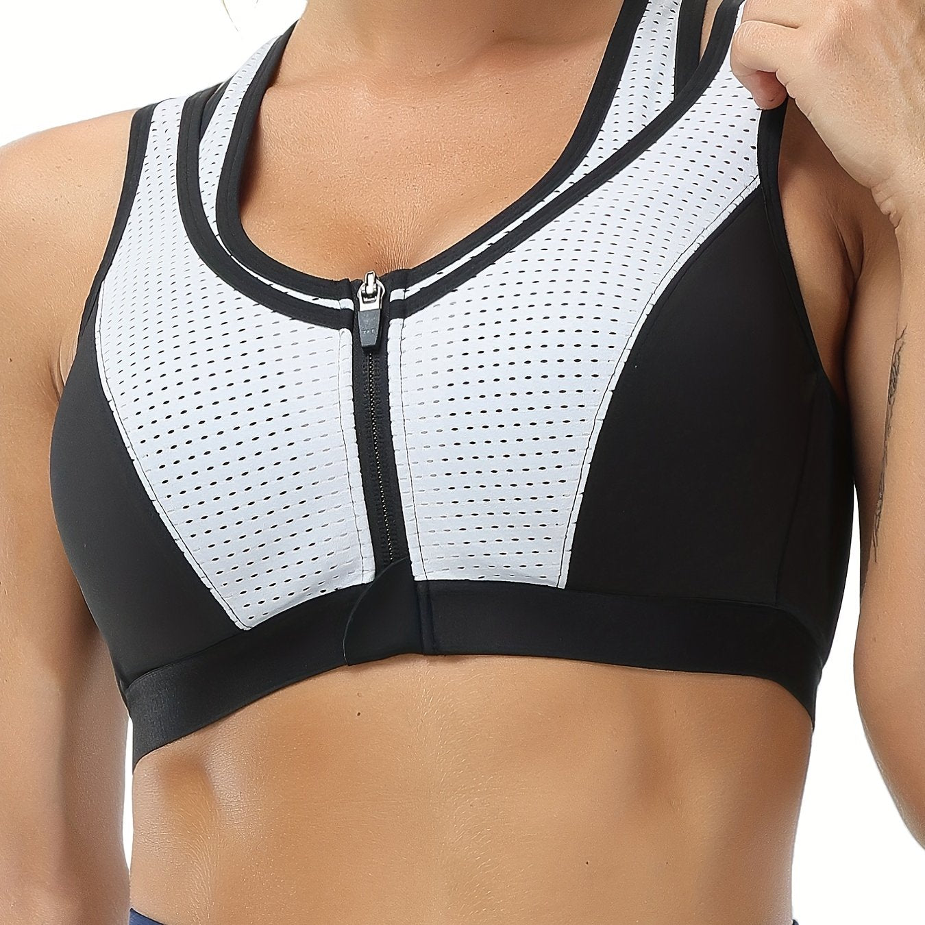 Colorblock Zip Sports Bra High Impact Workout Bra