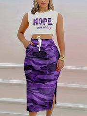 Casual Two piece Set Letter Print Top & Camo Split Skirt