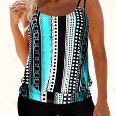Geometric & Striped Tankini Set Round Neck Swimsuit Women's S