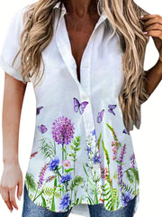 Plus Floral Print Polo Neck Short Sleeve Button Up Shirt