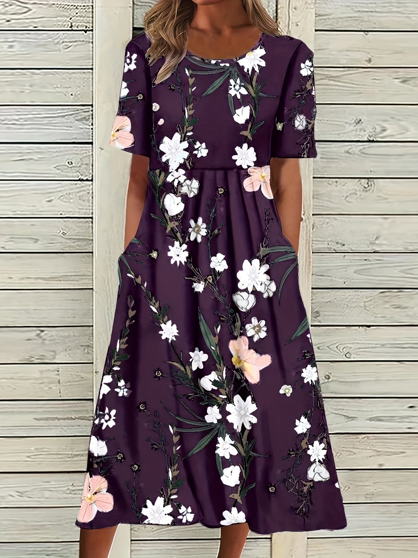 Floral Print High Waist Dress Short Sleeve Summer Dress