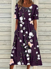 Floral Print High Waist Dress Short Sleeve Summer Dress