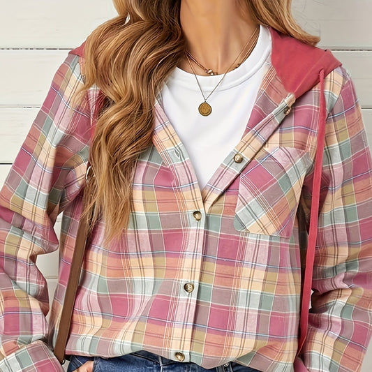 Plaid Print Long Sleeve Button Up Drawstring Hooded Shacket