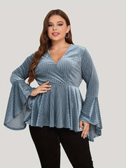 Casual Top Women's Plus Solid Striped Bell Sleeve V Neck