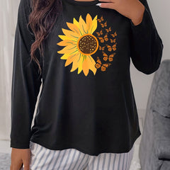 Sunflower & Butterfly Graphic Long Sleeve Round Neck T-shirt
