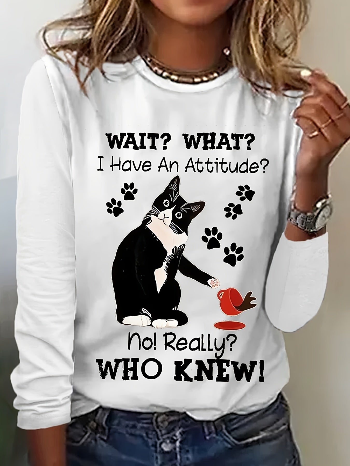 Cat & Letter Pattern Casual T Shirt Long Sleeves Round Neck Slight Stretchy