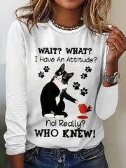 Cat & Letter Pattern Casual T Shirt Long Sleeves Round Neck Slight Stretchy