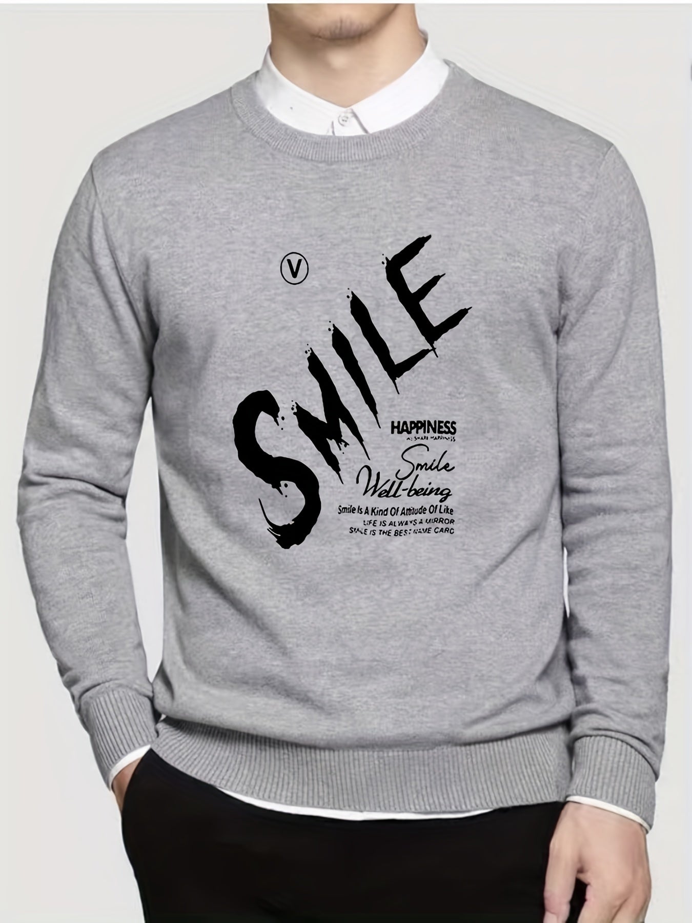 Smile Knitted Sweater Men's Casual Warm Crew Neck Pullover for Fall Winter