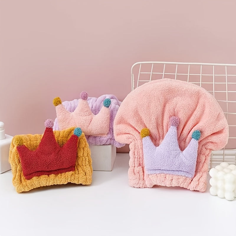 Kids Cartoon Crown Shower Cap, Absorbent Coral Fleece Turban