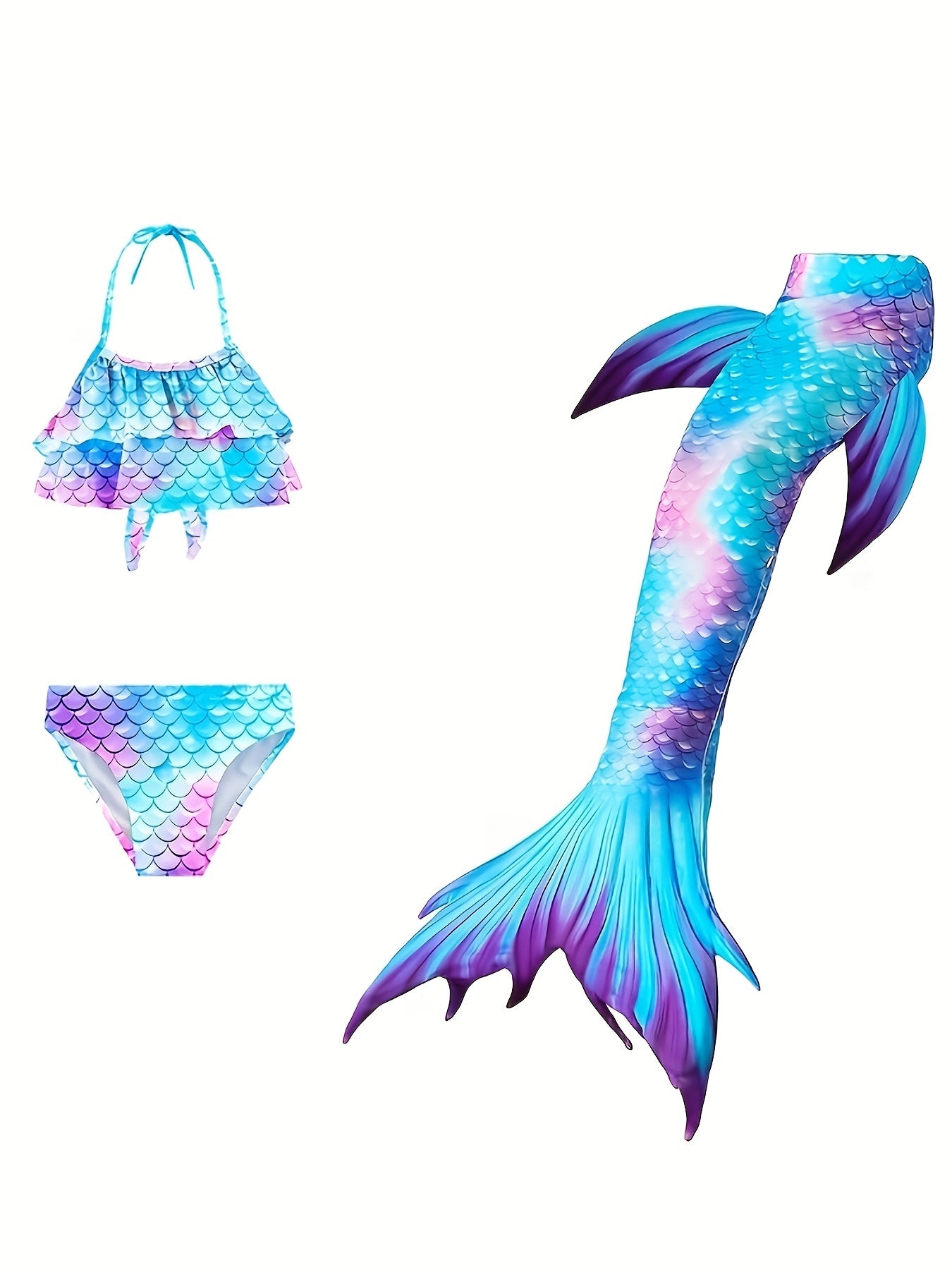 Girl's Tie Dye Mermaid Swimsuit 3pcs Bikini Set & Mermaid Tail Fish Scale Print