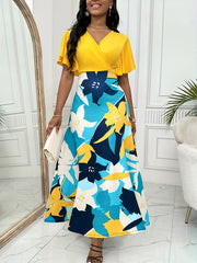 Floral Print Flutter Sleeve Dress V-Neck for Spring & Summer