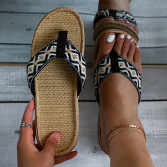 Women's Braided Straps Flip Flops Linen Sole Flat Beach Shoes