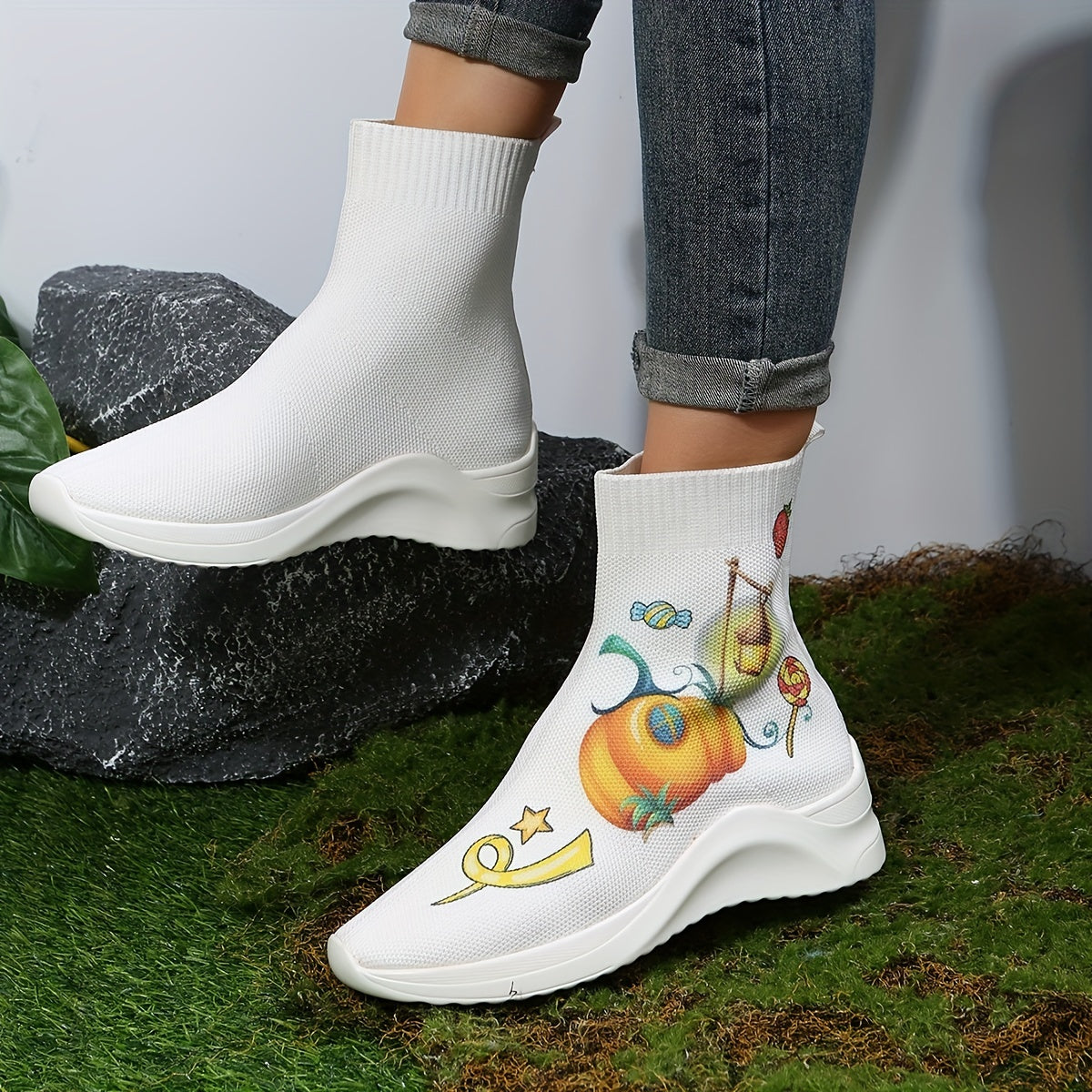 Women's Halloween Pumpkin Print Stretch Sock Boots