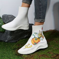 Women's Halloween Pumpkin Print Stretch Sock Boots
