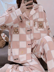 Bear Print Plaid Pajama Set Long Sleeve Button Up Top & Elastic Waistband Pants