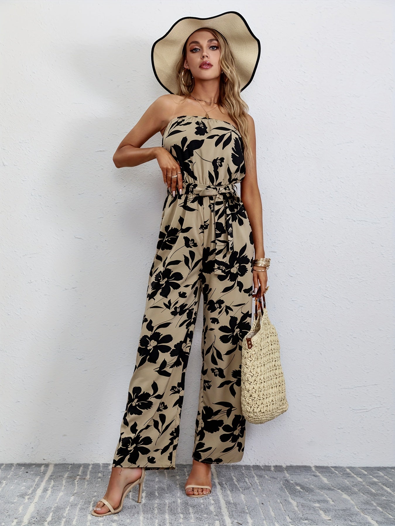 Floral Print Wide Leg Tube Jumpsuit for Women