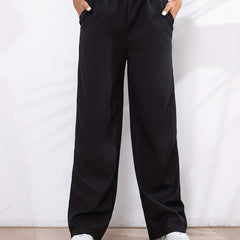 Solid Elastic Waist Straight Leg Pants Casual Loose Drape Pocket Pants