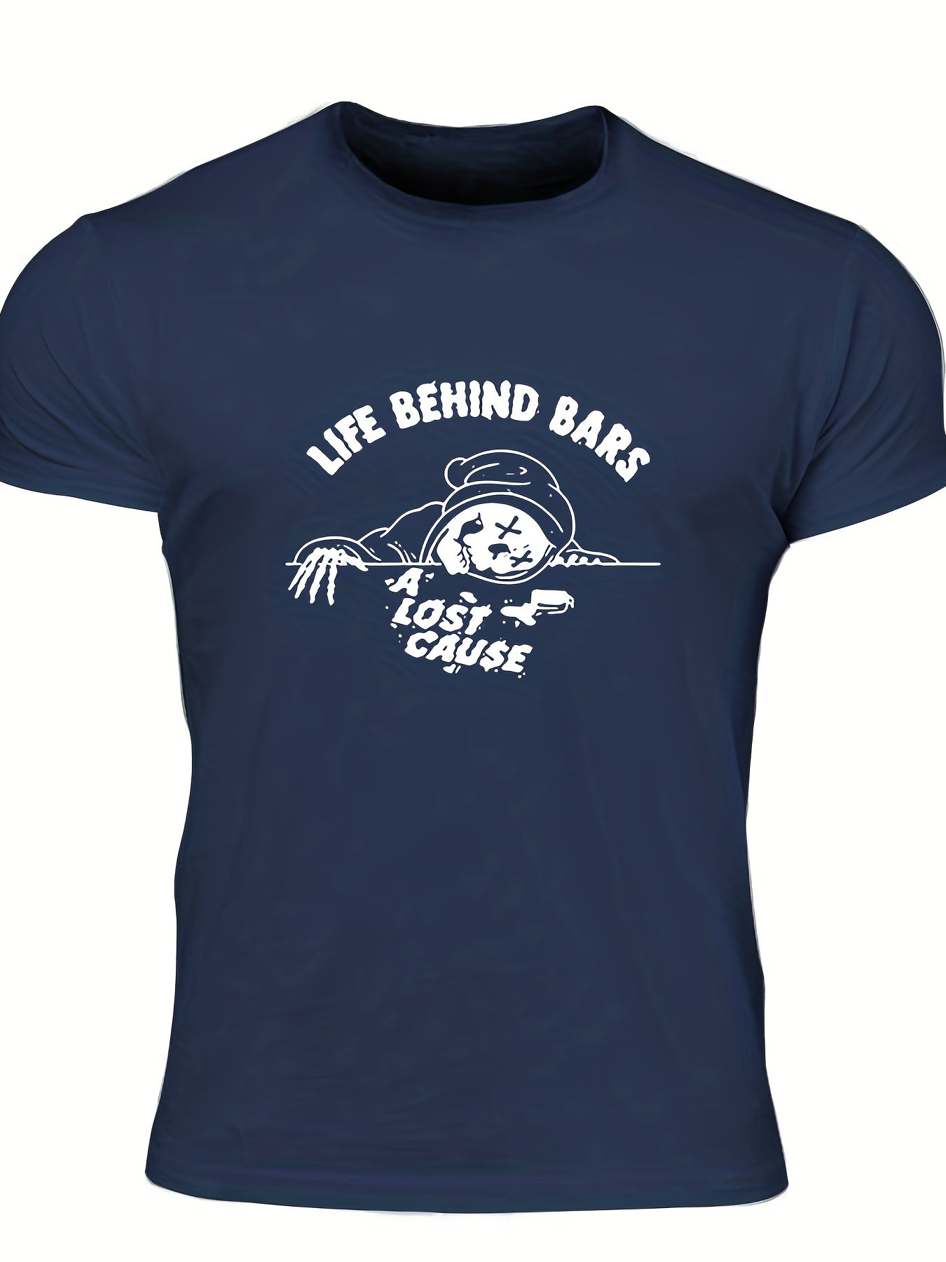 Men's Life Behind Bars Letter Print T-shirt - Casual, Stretch, Breathable Tee