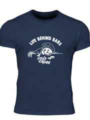 Men's Life Behind Bars Letter Print T-shirt - Casual, Stretch, Breathable Tee
