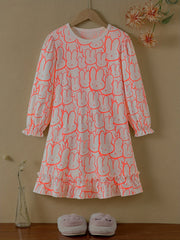 Girls Nightdress Rabbit Print Ruffle Decor PJ Long Sleeve Round Neck Dress