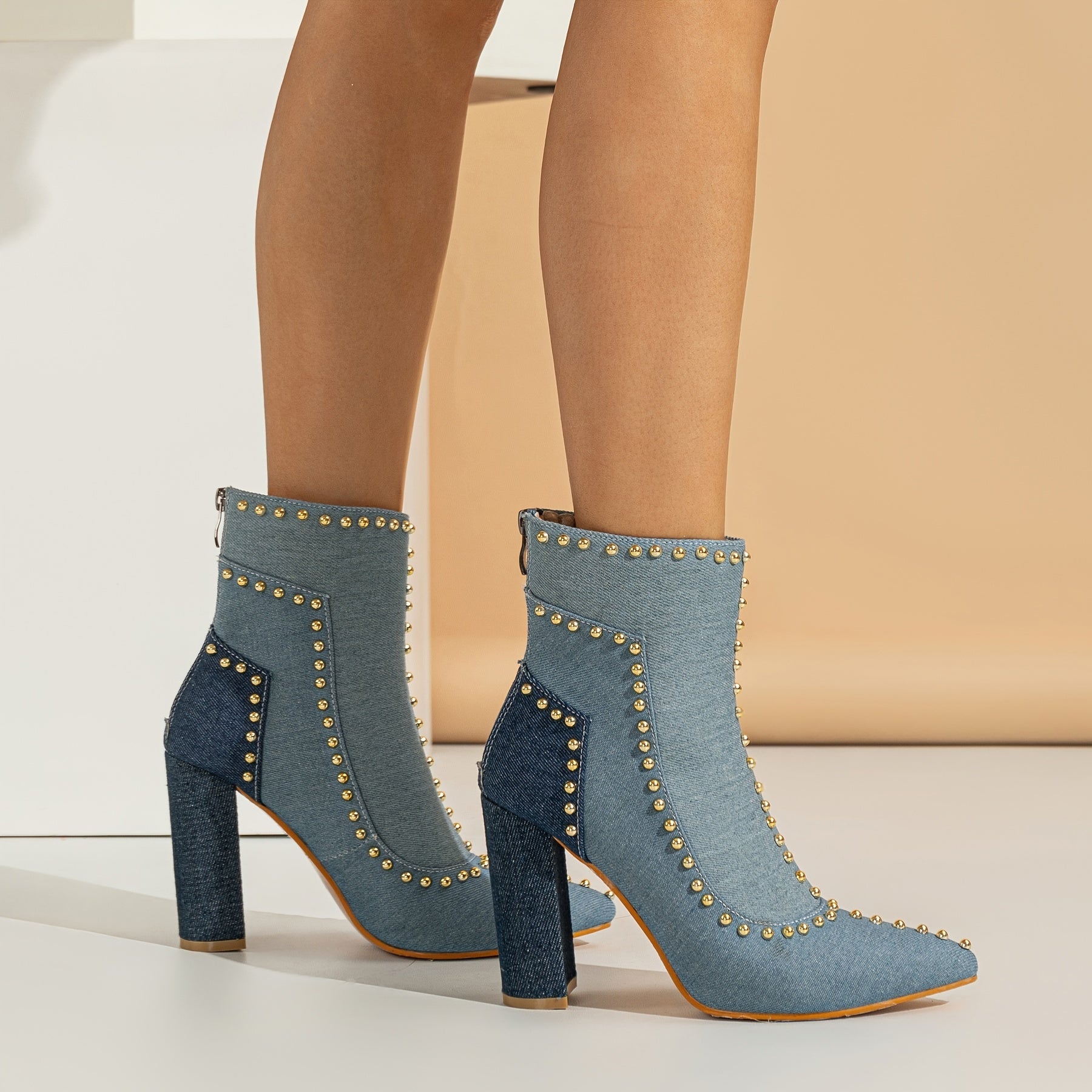 Chunky High Heel Short Boots Metal Bead Ankle Boots Knit Zipper Shoes