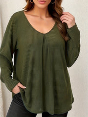Solid Waffle Knit Top V Neck Long Sleeve