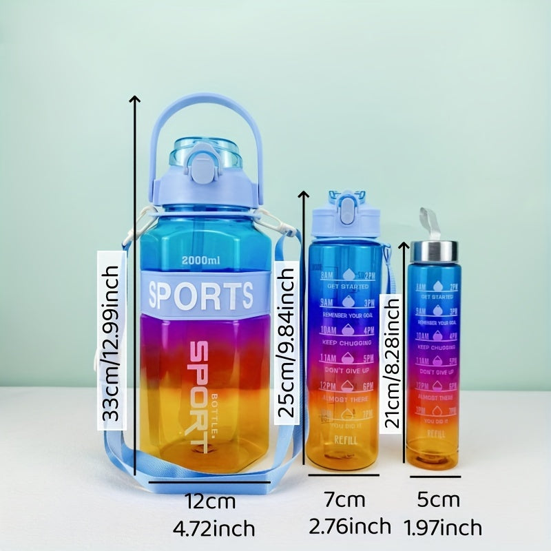3pcs Gradient Clear Water Bottles 67oz, 25oz, 9oz Leakproof Cup with Time Scale