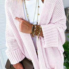 Solid Bat Sleeve Open Front Knit Cardigan With Pockets