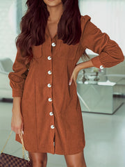 Solid Corduroy Button Up Long Sleeve Shirt Dress