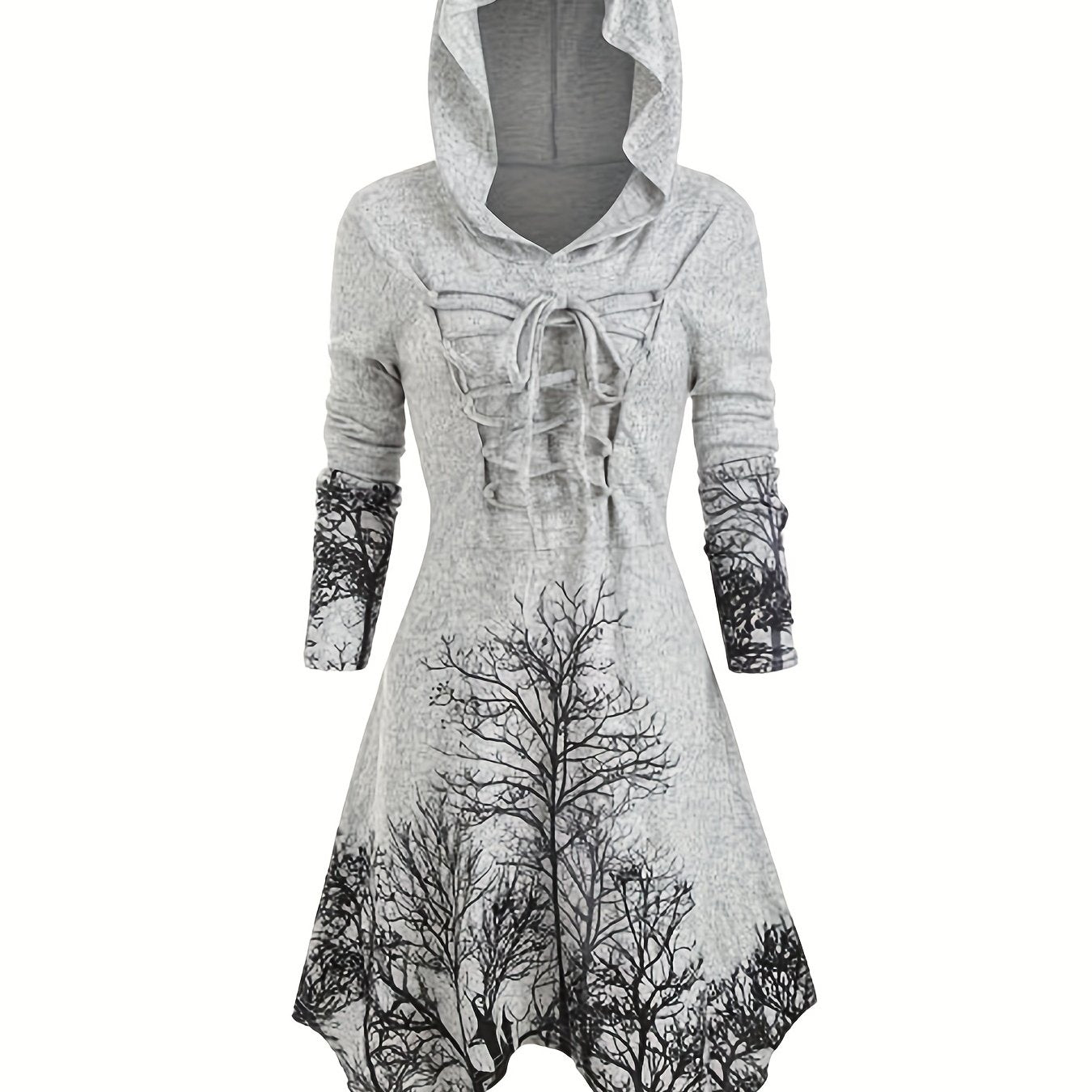 Tree Print Drawstring Hooded Dress Casual Long Sleeve Dress For Spring & Fall
