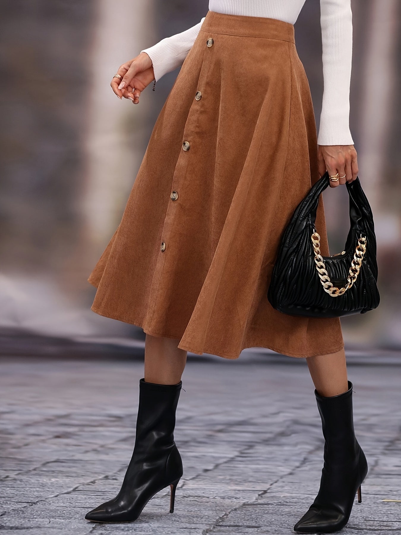 Faux Suede Long Skirt - High Waist Button Skirt