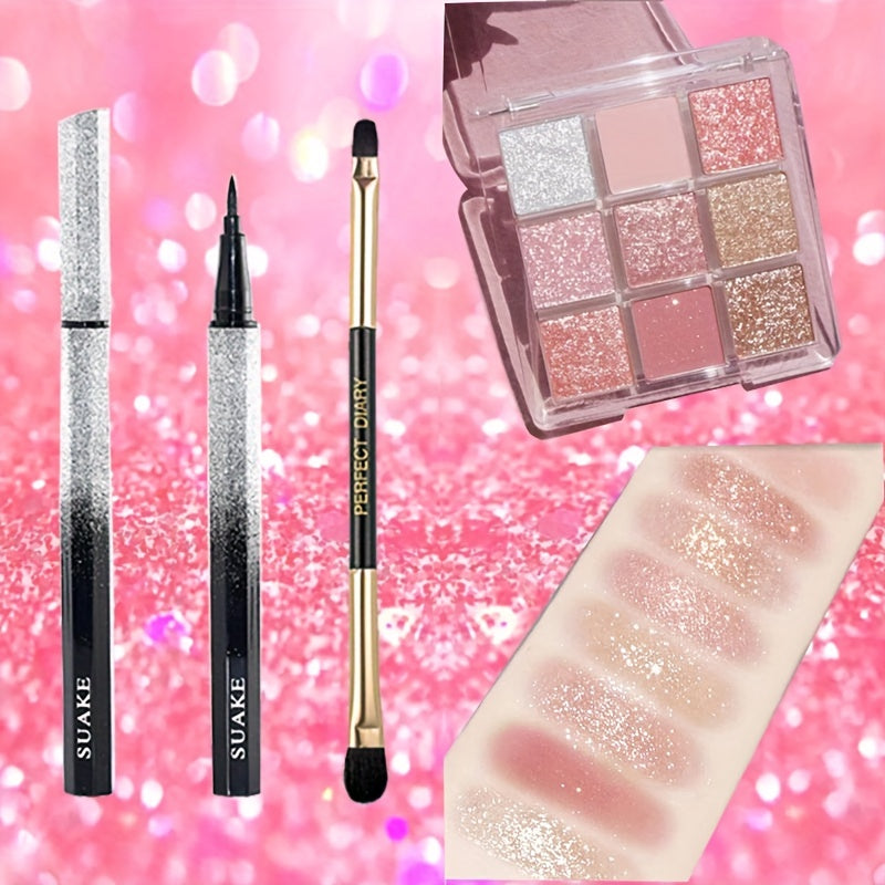 9-Color Eyeshadow Palette with Eyeliner and Brush Set