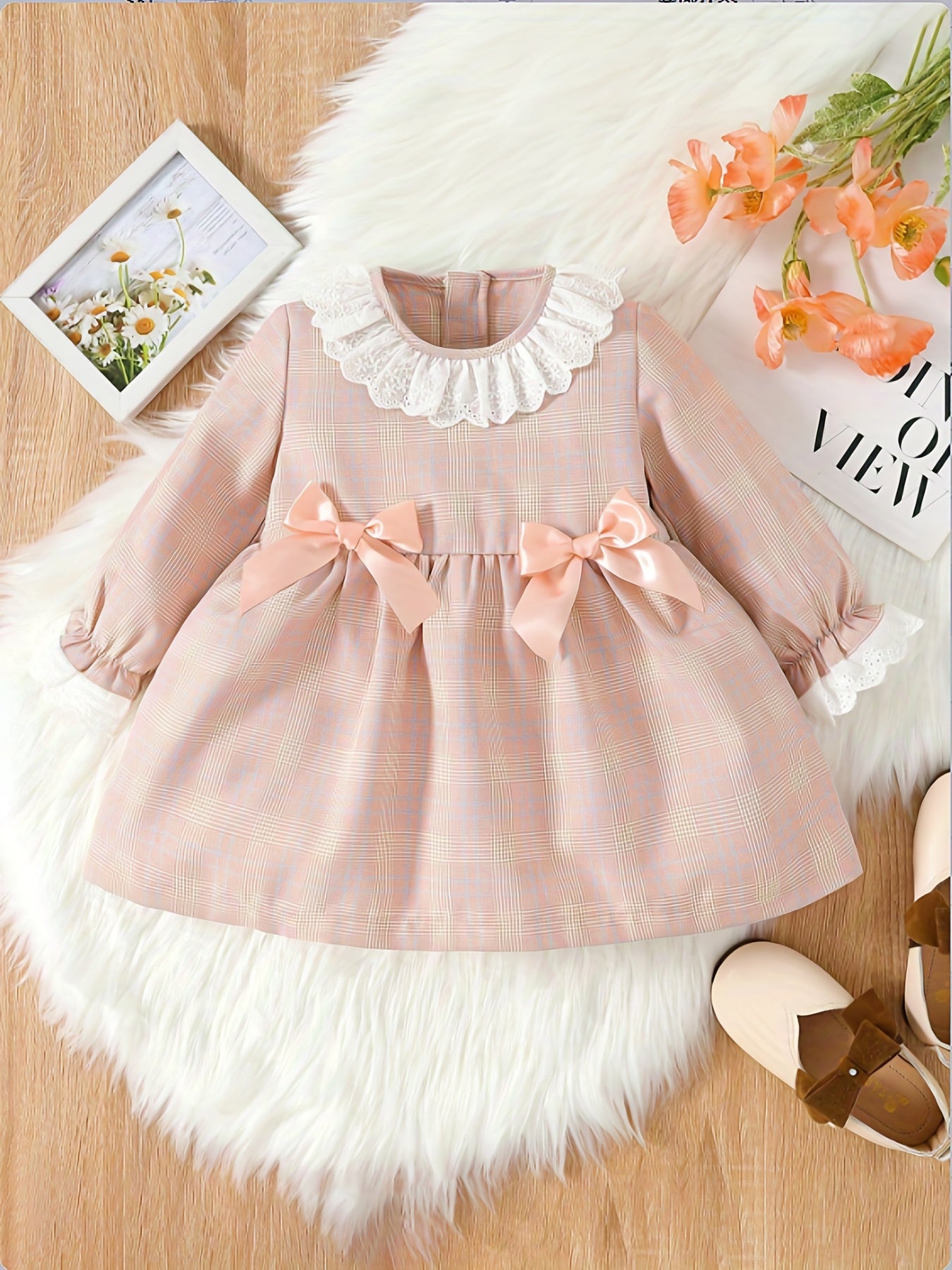 Baby Girls Plaid Lace Bow Long Sleeve Dress