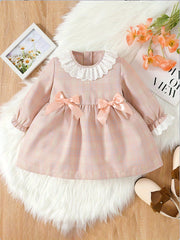 Baby Girls Plaid Lace Bow Long Sleeve Dress